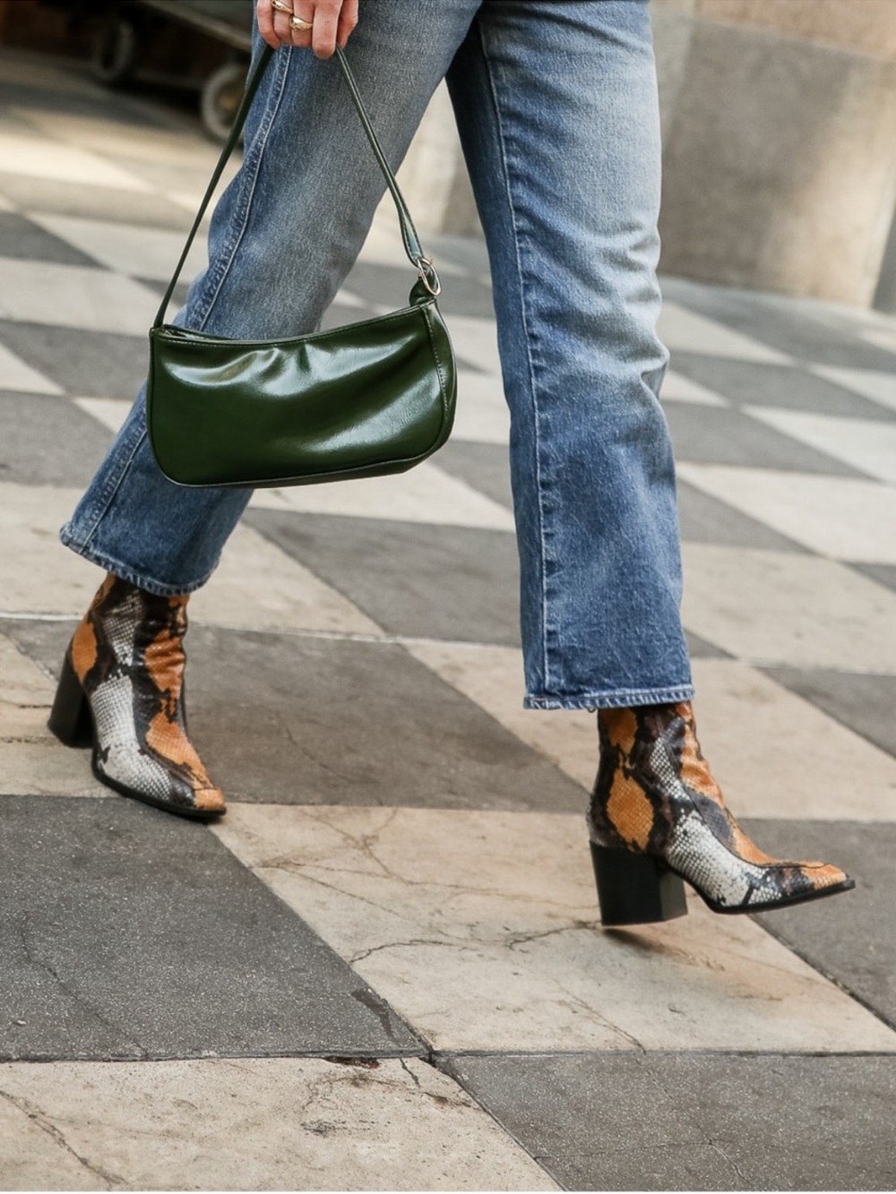 Aeyde Snake-Print Block Heel Ankle Boots in Brown and Black